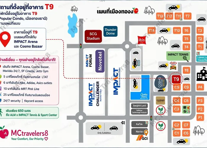 公寓 T9 Impact Arena 6-Min Walk 3 Beds 4 Guests 曼谷